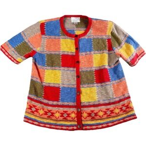 Vintage Christopher & Banks Patchwork Cardigan Sweater Womens M Ramie Cotton